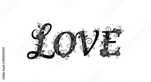 An intricate floral design spells out the word love in a dark decorative style silhouette high quality professional