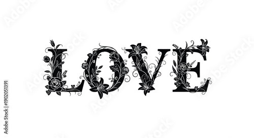 An ornate design spells out the word love with floral embellishments presented as a striking silhouette high quality