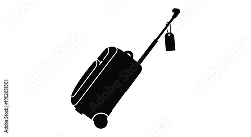 A sleek black suitcase with an extended handle and luggage tag is shown in a minimalist style silhouette