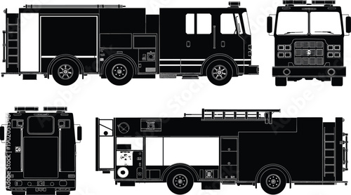 Fire engine silhouette vector set with detailed side front rear views for emergency response firefighting rescue illustration design
