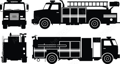 Fire engine ladder truck silhouette vector set showing side front rear views for emergency response firefighting illustration design