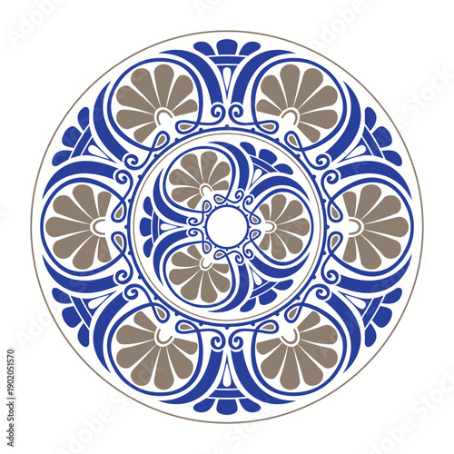 Decorative blue gold round plate with greek floral pattern. Round porcelain plate. Greek floral meander, palmette. European frame with pattern. Frame Ancient Greece, Roman Empire. Vector illustration