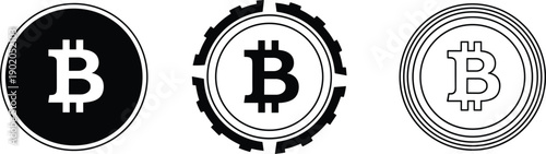 Bitcoin cryptocurrency coin icons set in black and white style, digital currency symbols, blockchain finance illustration, minimalist outline and solid design on white background