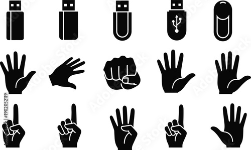 Black silhouette icon set featuring USB flash drives and human hand gestures, technology and communication symbols, minimalist flat design collection on white background
