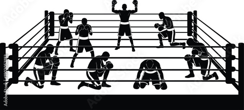 Boxing ring silhouette illustration showing fighters in training and victory poses, combat sports scene, strength and competition concept, minimalist black vector design