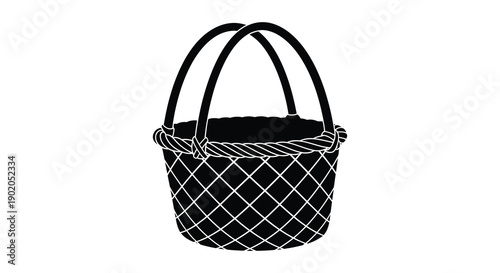 A detailed black and white illustration depicts a woven basket with a sturdy handle and base silhouette high quality professional