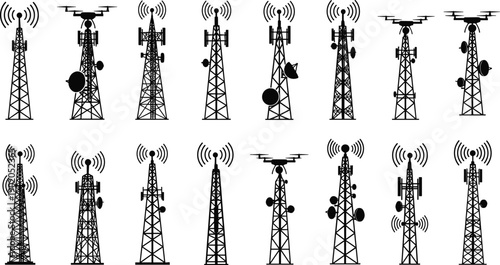 Cellular communication tower silhouette mega set showing wireless signal antennas, telecom masts, and mobile network infrastructure icons isolated on white background