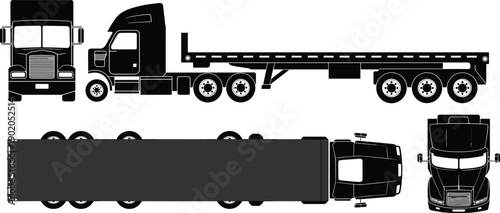 Semi truck flatbed trailer silhouette vector set showing side front rear and top views for logistics transport freight illustration design