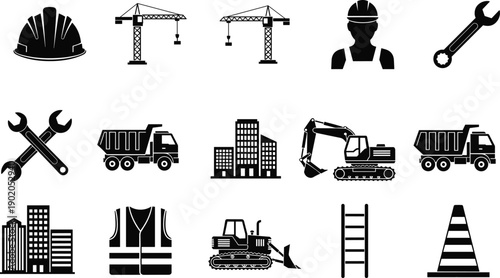 Construction and building industry icon silhouettes isolated on white background, crane, worker, tools, machinery and safety equipment symbols set