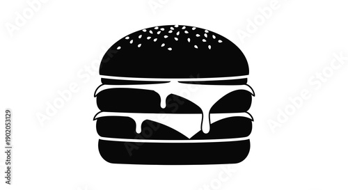 A detailed black silhouette of a classic cheeseburger with multiple layers and melting cheese silhouette high quality professional