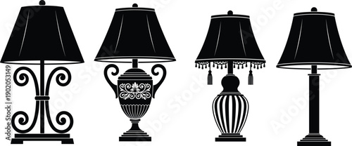 Elegant vintage table lamp silhouettes collection featuring classic decorative designs, isolated black shapes on white background for interior decor and lighting concepts