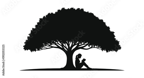 A serene image depicting a person reading beneath the expansive branches of a large tree silhouette high quality