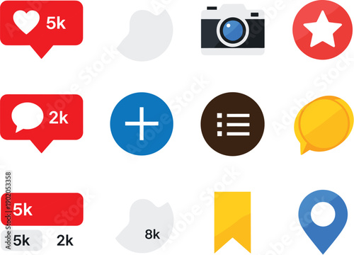 Colorful social media engagement icon set with heart likes speech bubble comments camera plus star bookmark and location pin symbols for digital marketing and mobile app interface design.