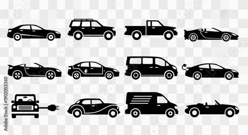 Collection of Diverse Vehicle Silhouettes on Transparent Background.