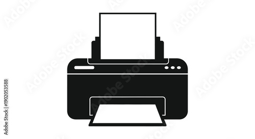 A stark black silhouette depicts a modern inkjet printer with a paper output tray showcasing office technology