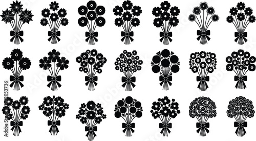 Floral bouquet silhouette mega collection isolated on white background, decorative flower arrangements set for wedding, romantic, botanical and greeting card designs