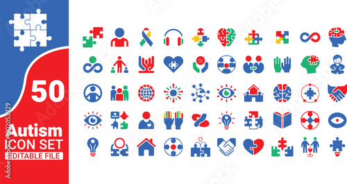 Colorful collection of fifty autism awareness icons representing support and inclusivity high-quality vector