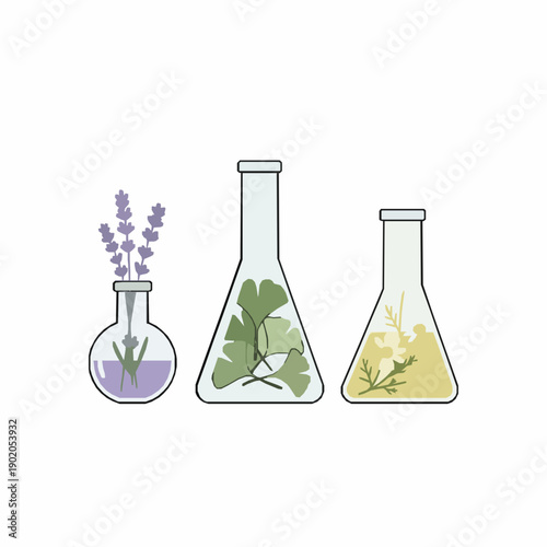 Herbal medicine concept with glass flasks flat vector illustration on white background