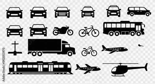 Collection of diverse transportation vehicles and modes silhouette icons.