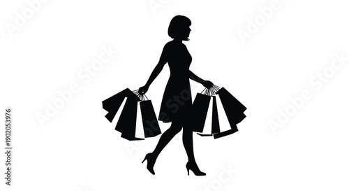 A woman walks with shopping bags her form rendered as a striking black shape against a white background silhouette