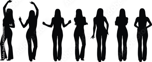 Group of dancing female silhouettes isolated on white background representing party, nightlife, fashion, freedom, movement, celebration, music, and modern lifestyle concept