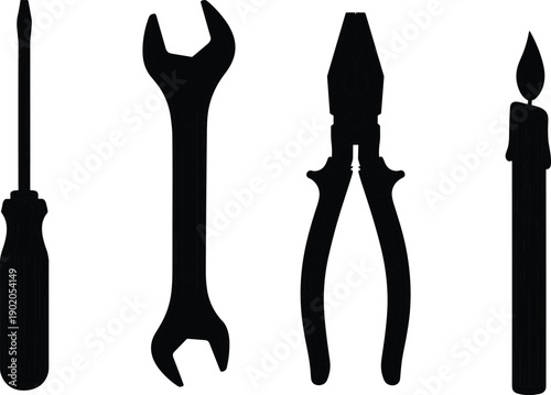 Hand tools silhouette set showing screwdriver, wrench spanner, pliers cutter, and utility tool icons for repair and maintenance isolated on white background
