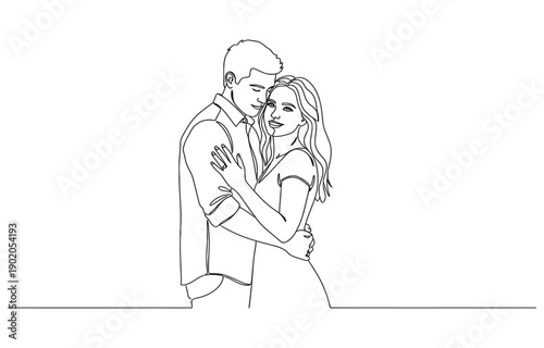 Minimalist one line drawing of Engagement couple embracing in love hug.