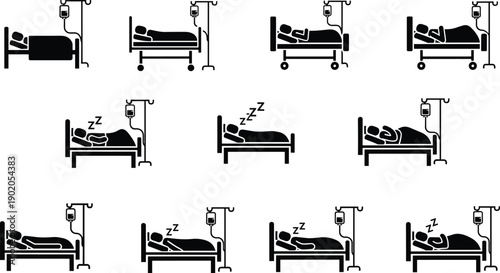 Hospital patient bed icons set with IV drip and sleeping poses, healthcare and medical treatment illustrations, minimalist black silhouette design on white background