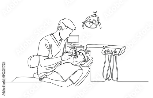 Single continuous line drawing of young male dentist examining patient teeth condition and doing tooth filling.