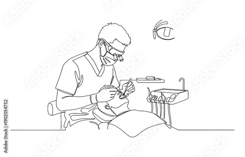 Single continuous line drawing of young male dentist examining patient teeth condition and doing tooth filling.