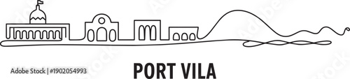 Port vila skyline silhouette single line drawing buildings and wavy line outline against grey background