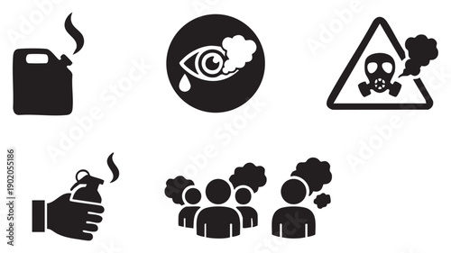 Dangerous substances, tear gas, chemical irritant and toxic fumes warning signs, gas mask and grenade