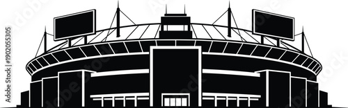 Modern sports stadium silhouette illustration showing large arena architecture with scoreboard screens for football or event venue isolated on white background