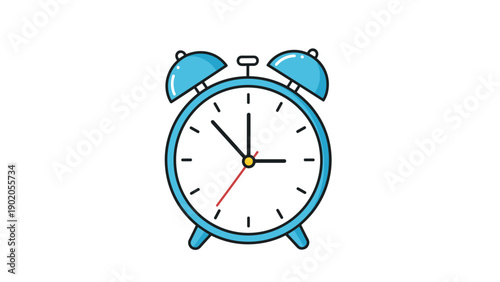 Bright blue alarm clock with a classic design, red second hand, and two bells on top, symbolizing time, urgency, and morning routine.