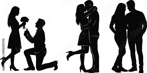 Romantic couple silhouette set showing proposal, hugging, and intimate standing poses, love and relationship concept, Valentine’s Day romance, isolated black vector illustration