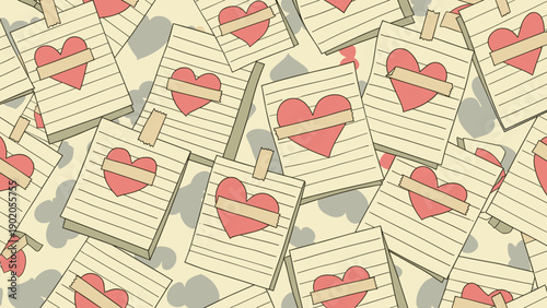 Romantic seamless pattern featuring an abundance of paper notes with attached red hearts, symbolizing love letters, messages, and affection.