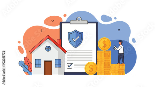 House, clipboard with insurance policy and shield, and stacks of coins, representing home insurance, financial protection, and property investment.