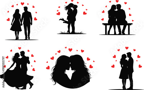 Romantic couple silhouette set with love hearts showing kissing, hugging, dancing moments, Valentine’s Day romance concept, relationship symbols, isolated black vector illustrations