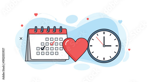 Calendar with marked dates, a prominent red heart, and an analog clock, symbolizing important dates, romantic events, and scheduled appointments.