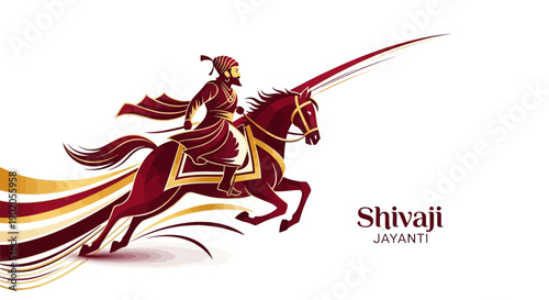 Illustration of Chhatrapati Shivaji Maharaj on horseback, celebrating Shivaji Jayanti with a nationalistic theme, against a clean white background with saffron and gold accents.