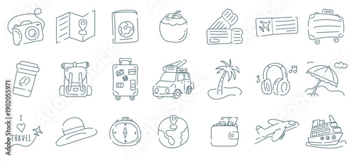 Travel doodle line icon set. cute traveling outline symbol
