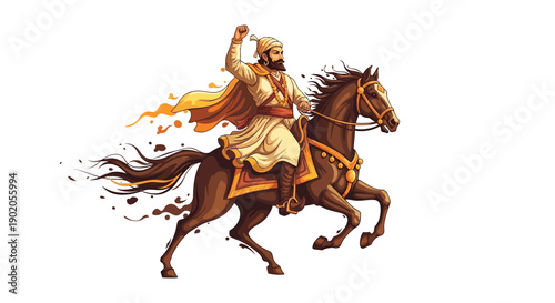 Illustration of Chhatrapati Shivaji Maharaj riding a horse on Shivaji Jayanti, a historic nationalistic celebration in Maharashtra, India, with a saffron background.
