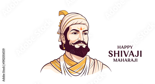 Illustration of Chhatrapati Shivaji Maharaj, a historic Indian figure, in traditional attire with a saffron background, conveying a nationalistic mood.