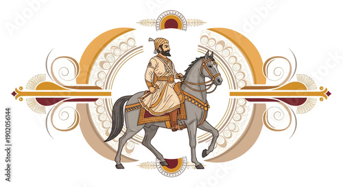 Illustration of Chhatrapati Shivaji Maharaj riding a horse with traditional Indian attire and ornaments on a white background with saffron and gold accents.