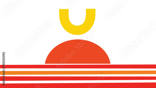 Minimalist abstract design featuring a red and orange sunrise over horizontal lines, with a yellow U-shape above, symbolizing dawn and new beginnings.