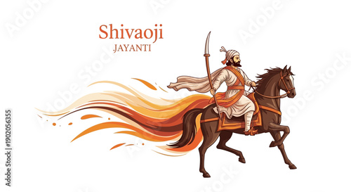 Illustration of Chhatrapati Shivaji Maharaj riding a horse on Shivaji Jayanti with a sword in hand and a flowing saffron cloth, symbolizing Hindavi Swarajya and nationalistic pride.