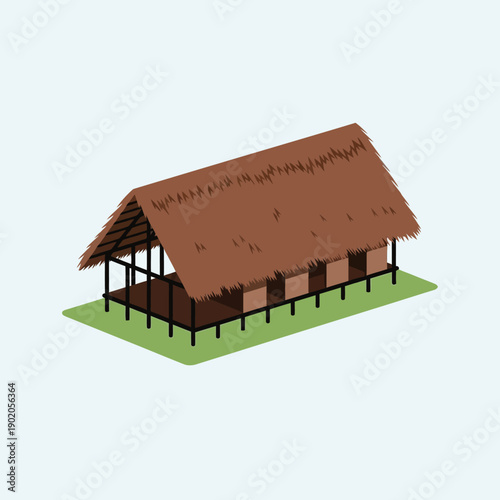 Traditional thatched roof hut or barn in a simple 3D illustration.