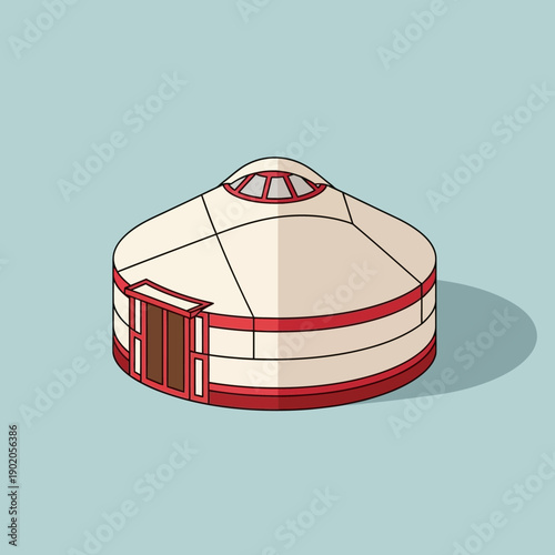 Traditional Mongolian Yurt with Red Trim and Door.