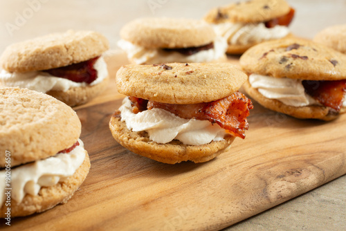 A closeup view of some dairy-free, gluten free ricotta bacon cookie sandwiches.