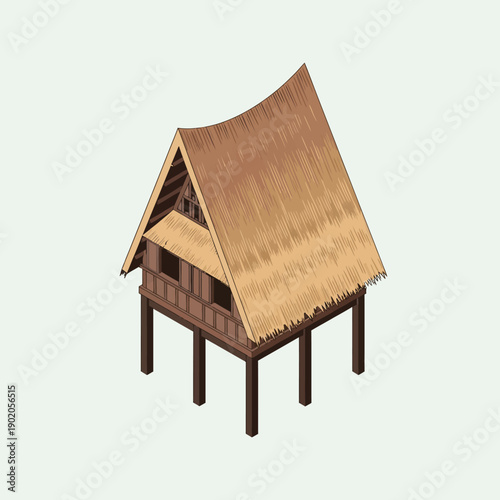 Traditional Stilt House with Thatched Roof and Elevated Foundation.